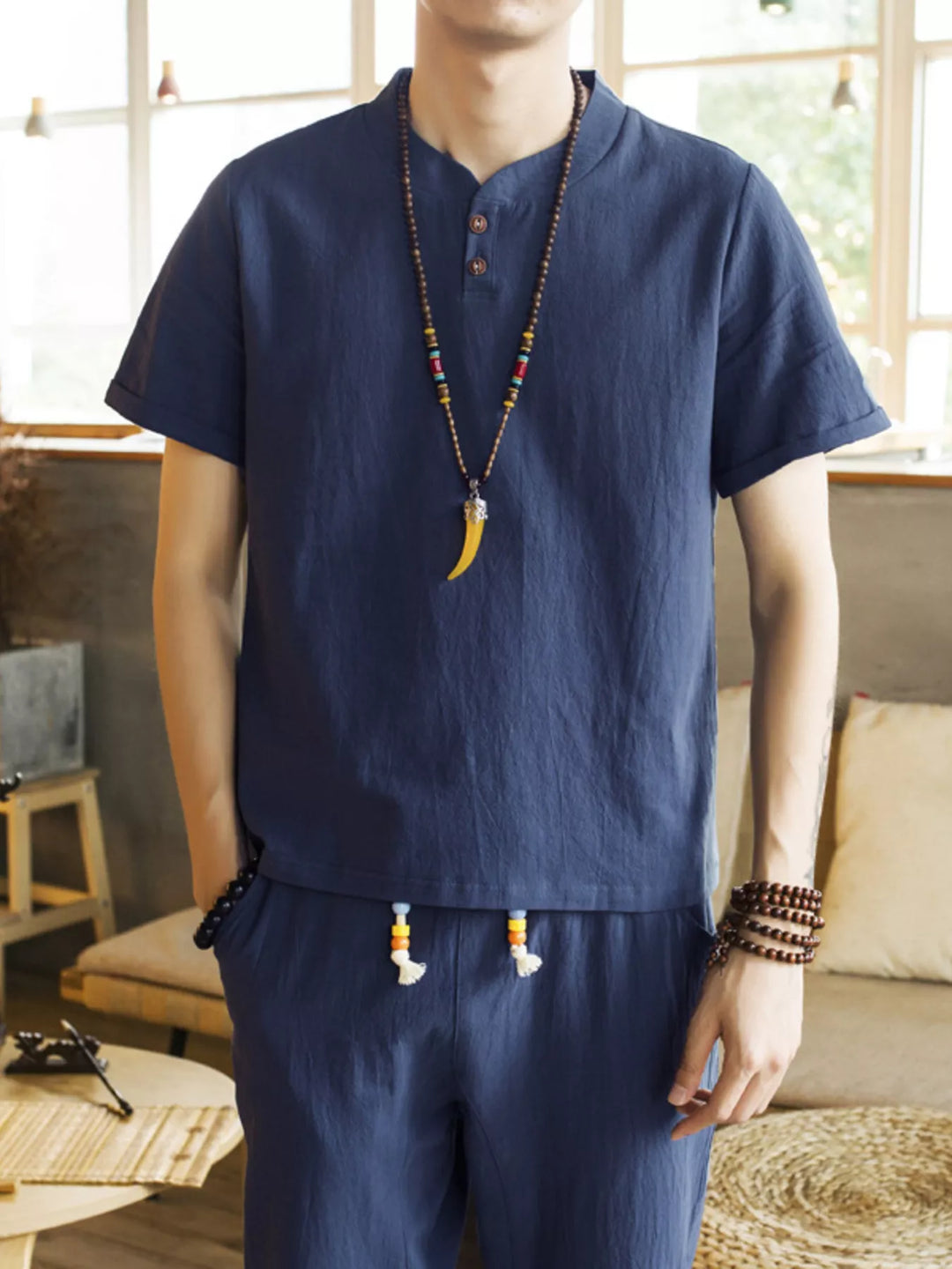 Men's Plus Size Button Detail Short Sleeve Top and Pants Set