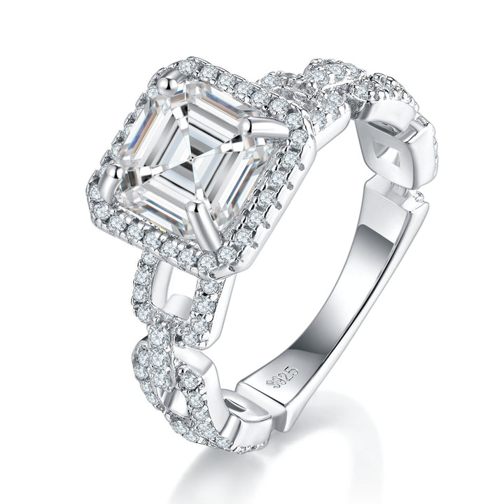S925 Sterling Silver 2.5ct Asscher Cut Moissanite Ring, D-VVS1 Halo Chain Band, Platinum Plated US Sizes 5-9 GRA Gift Box