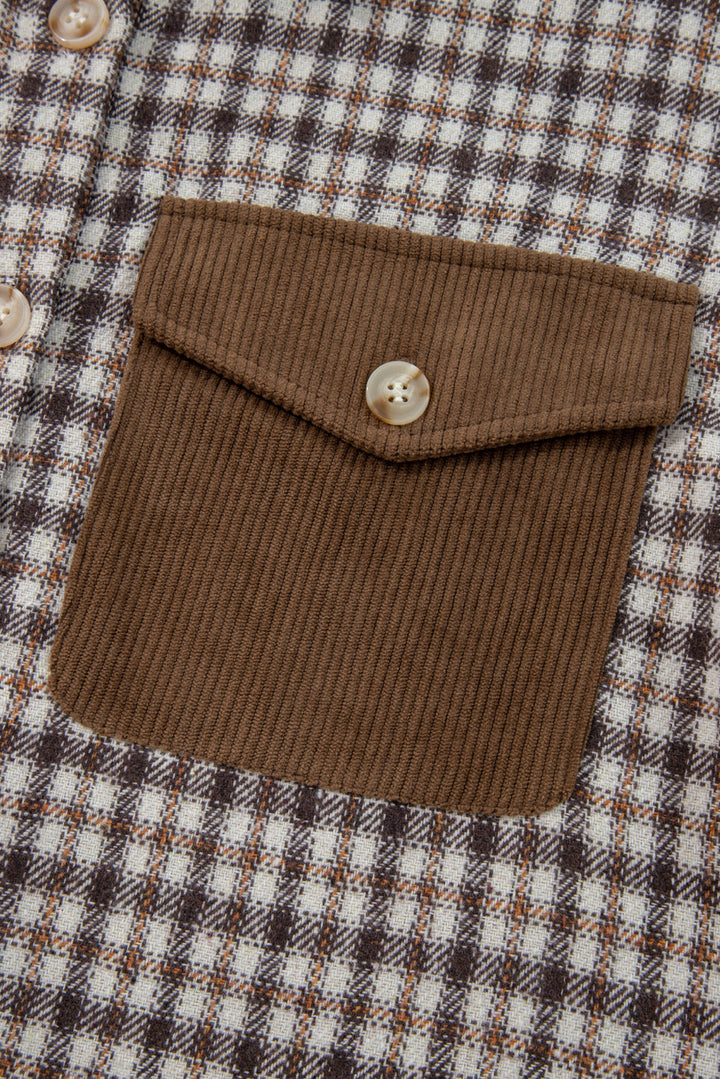 Casual Contrast Corduroy Flap Pocket Patchwork Plaid Shacket
