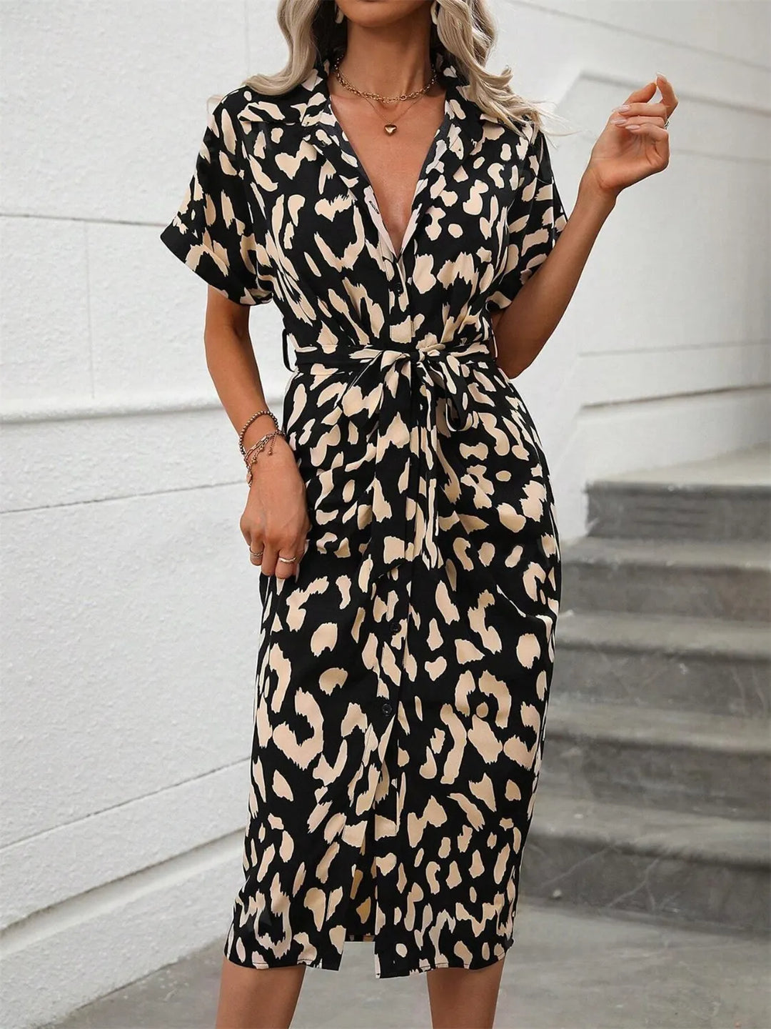 Short Sleeve Tie Waist Dress
