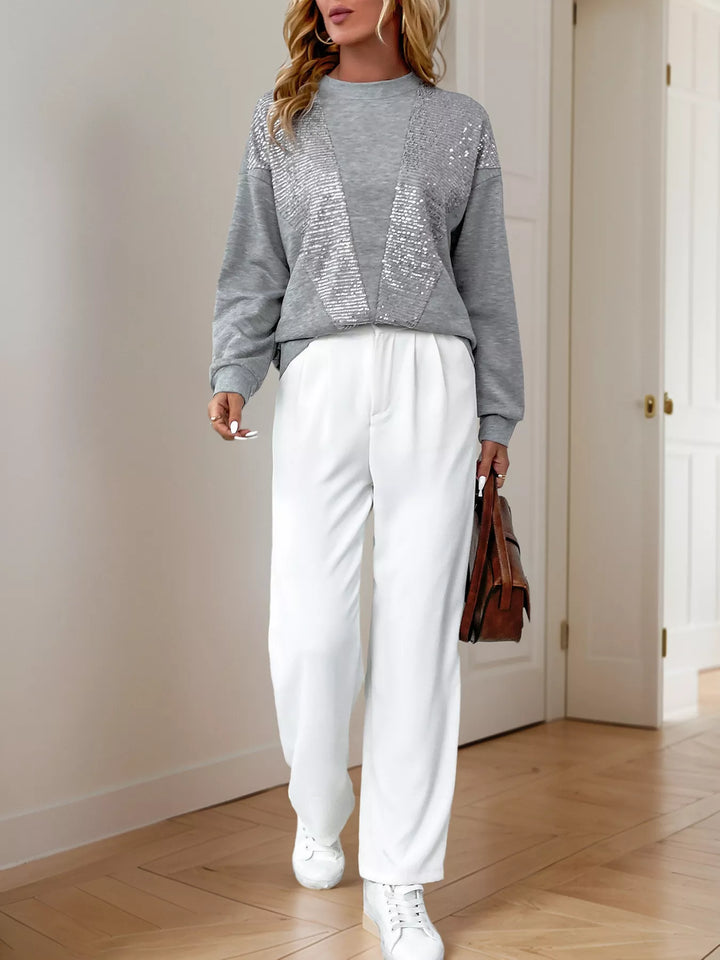 Sequin Round Neck Dropped Shoulder Sweatshirt