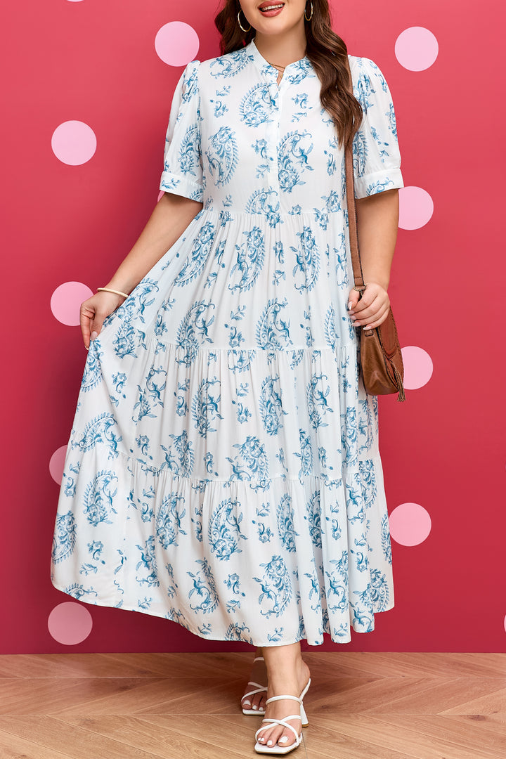 Sky Blue Plus Size Geometric Floral Print Button Split Neck Short Sleeve Maxi Dress