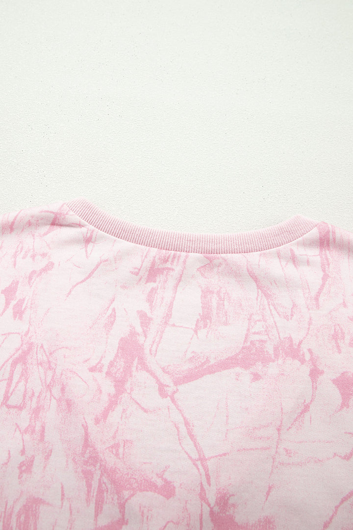 Pink Abstract Print V Neck Loose Tee Drawstring Shorts 2pcs Outfit