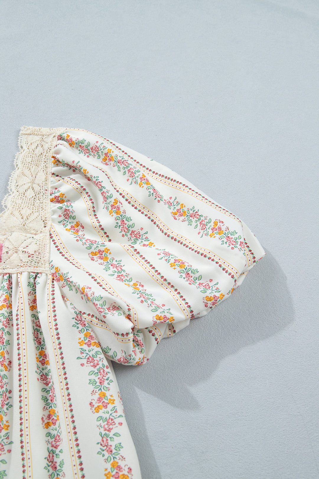Multicolour Floral Print Contrast Ribbon Bow Lace Trim Square Neck Mini Dress