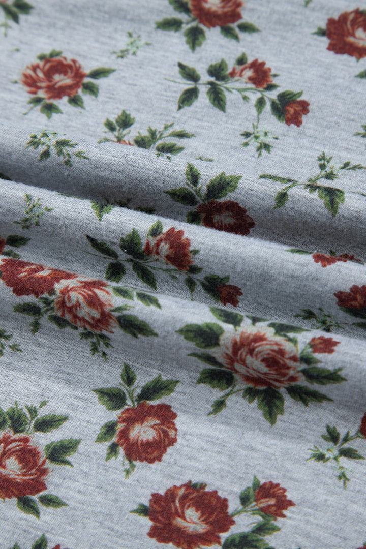 Gray Retro Floral Print Denim Patchwork Plus Size Polo Tee