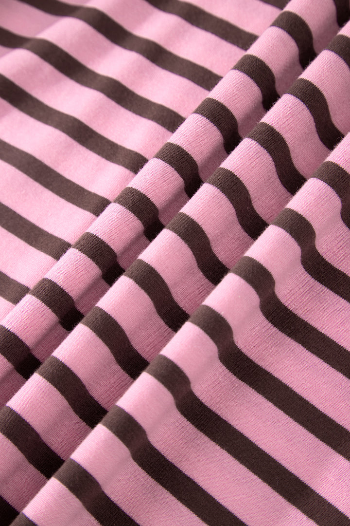 Rose Stripe Striped V-Neck Ribbed Collar Cuff Gathering Puff Sleeve Top