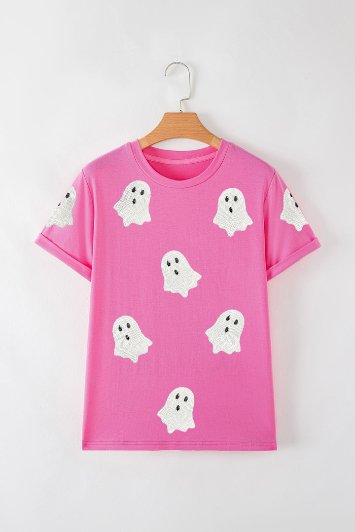Sachet Pink Sequin Halloween Ghost Patched Casual T Shirt