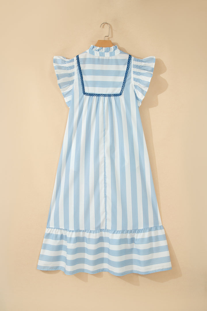 Sky Blue Stripe Subtle Lace Detail V Neck Ruffle Trim Casual Dress
