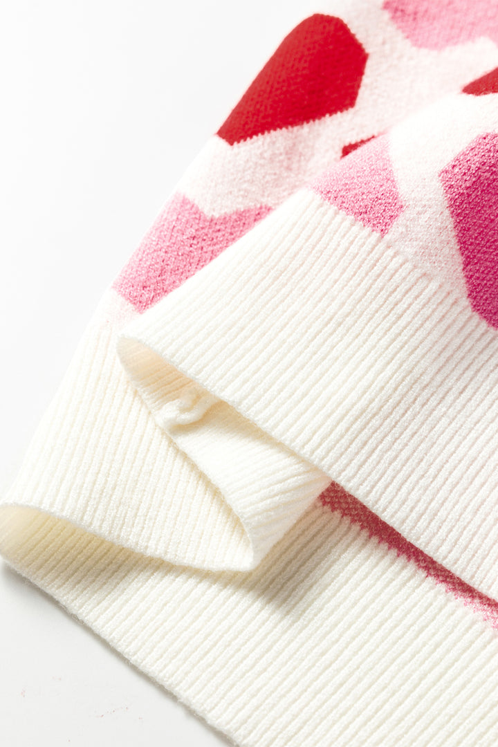 Sachet Pink 2-tone Heart Print Valentine Crew Neck Short Sleeve Sweater