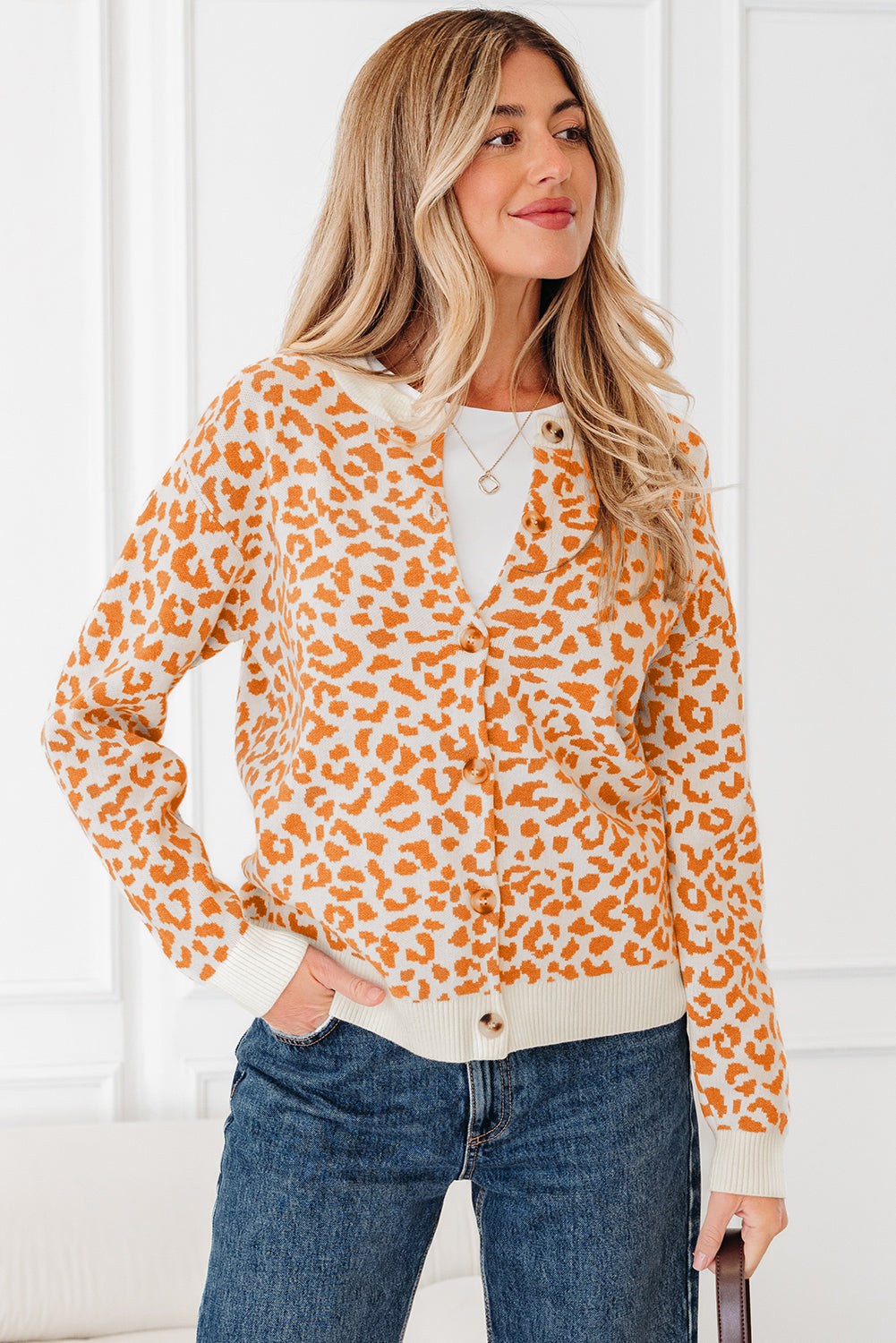 Orange Leopard Drop Shoulder Chunky Knitted Cardigan Sweater