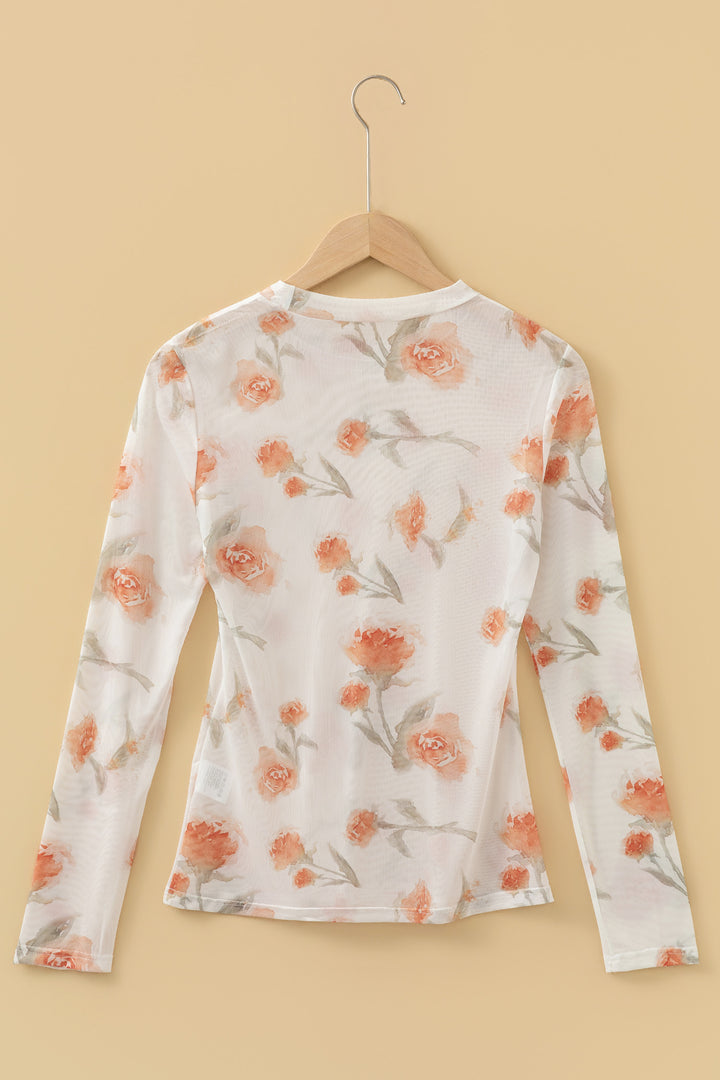 Casual Round Neck Floral Print Mesh Long Sleeve Top