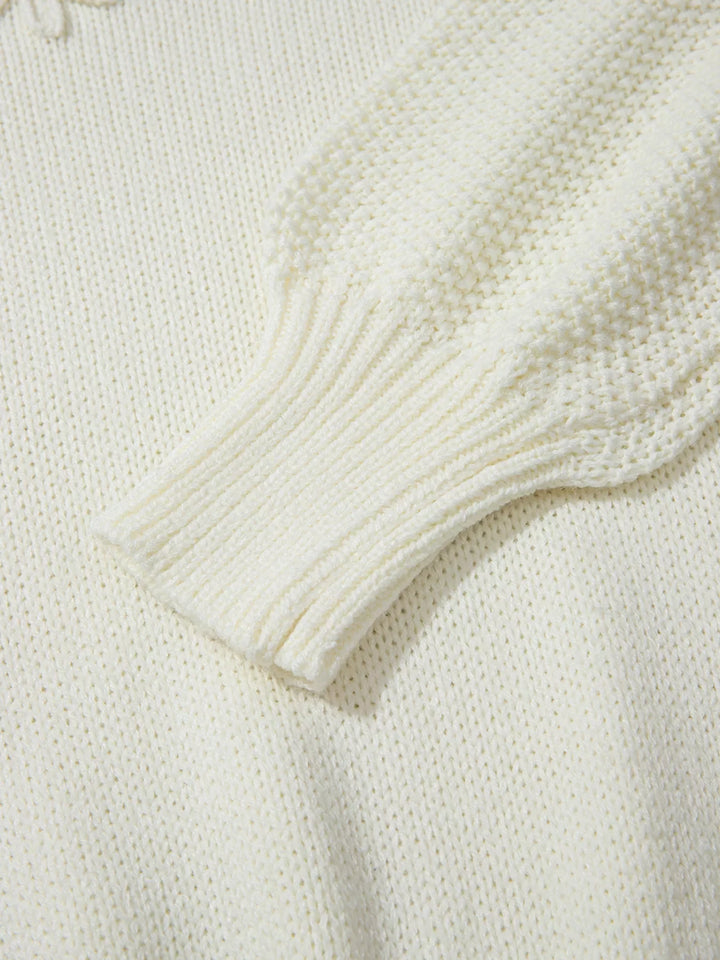 Flower Detail Round Neck Contrast Textured Puff Sleeve Sweater