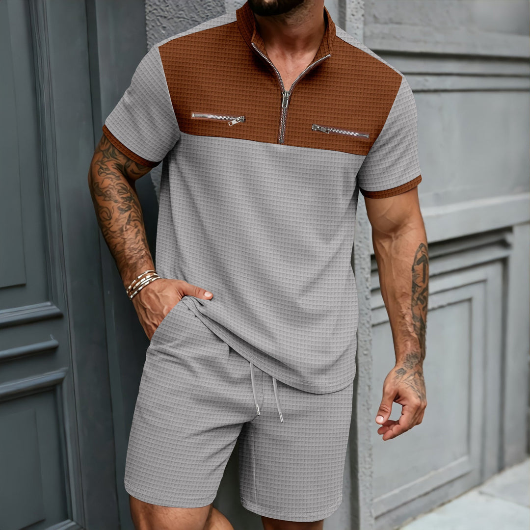 Mens Half-Zip Stand-Neck Short-Sleeve T-Shirt And Shorts Set