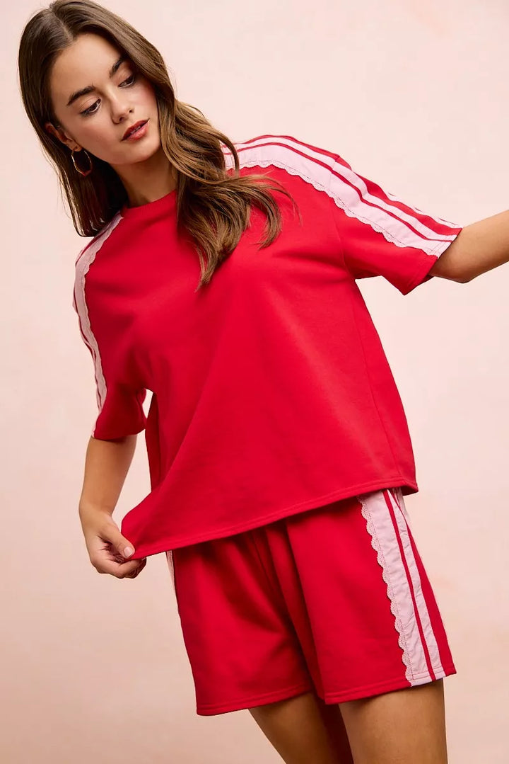 BiBi French Terry Side Lace Detail Short Sleeves Top