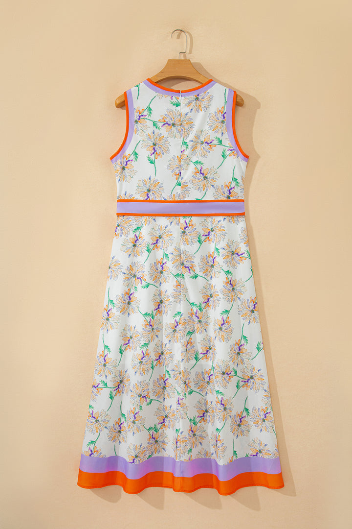 White Floral Print Color Block Trim Belted Sleeveless Maxi Dress