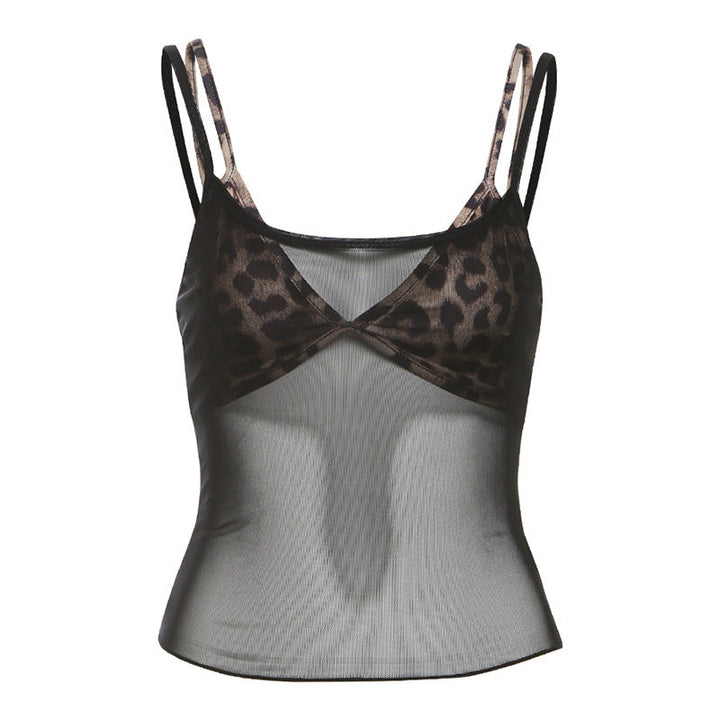 New Womens Sheer Mesh Camisole With Leopard-print Thin Shoulder Straps