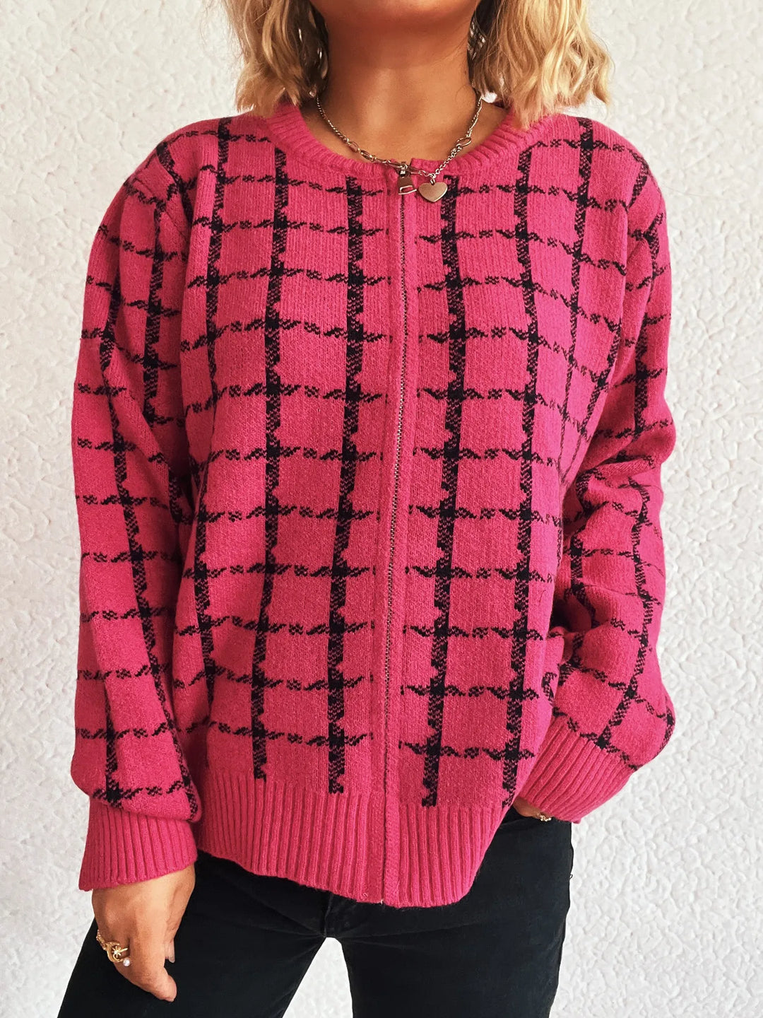 Plaid Pattern Zip Up Cardigan