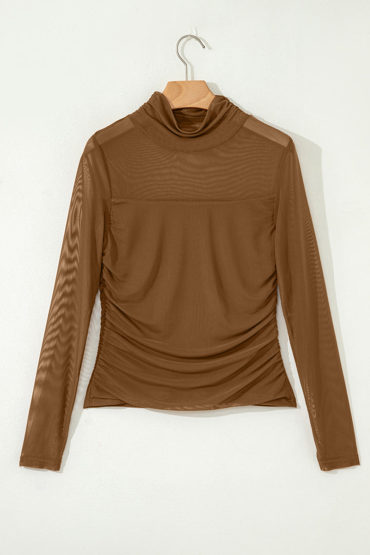Coffee Sheer Mesh Patchwork High Neck Long Sleeve Top