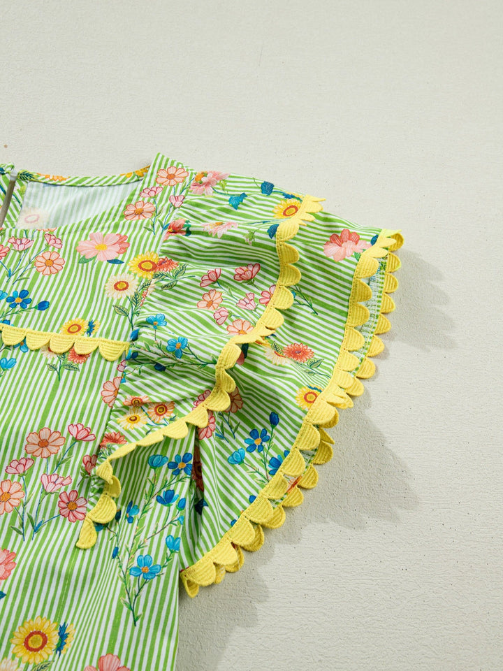 Stripe Floral Printed Scalloped Detail Ruffle Short Sleeve Blouse