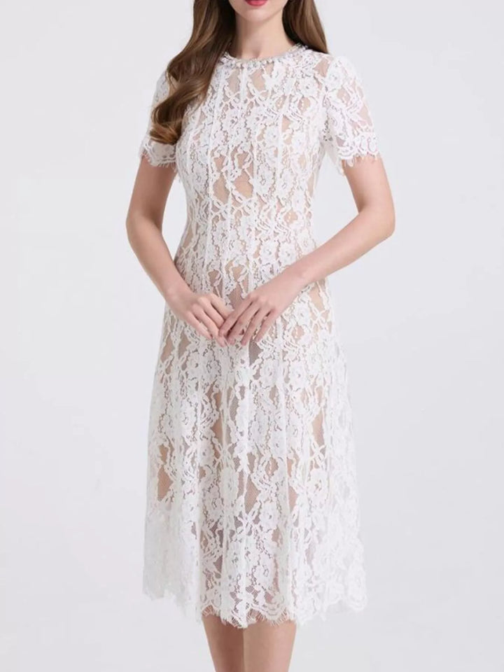 Lace Pearl Neckline Midi Dress