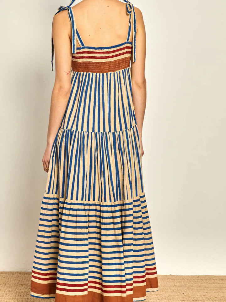 Striped Tie-Shoulder Tiered Maxi Dress
