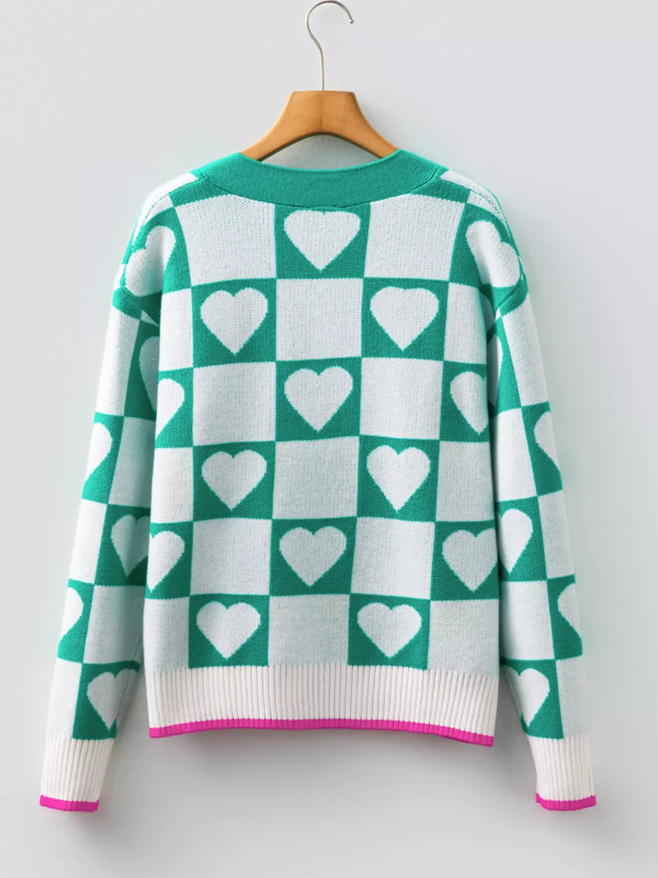 Plaid Heart Knit V Neck Button Down Sweater Cardigan