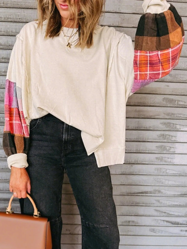 Plaid Sleeve Contrast Casual Sweatshirt