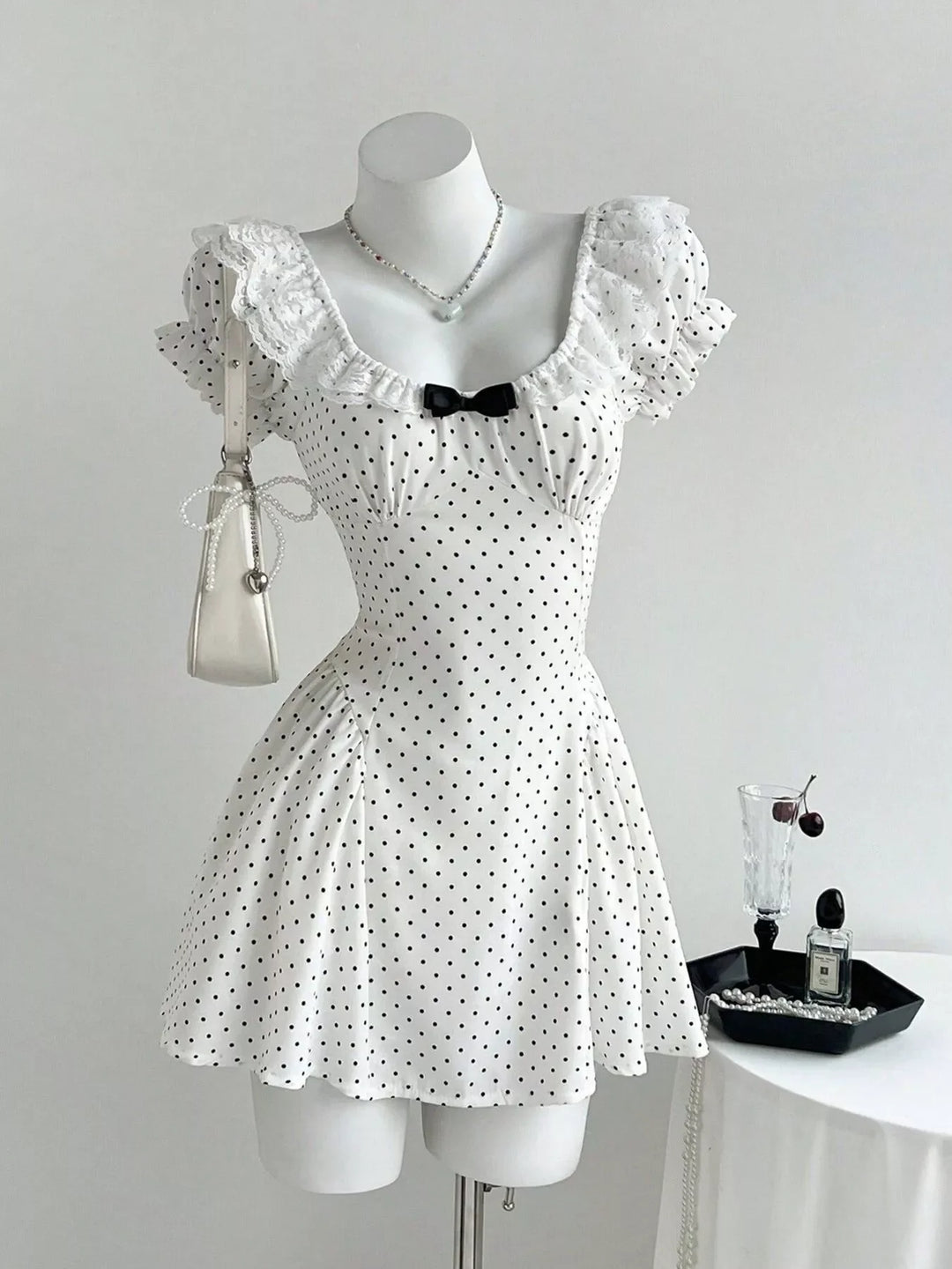 Lace Detail Polka Dot Mini Dress