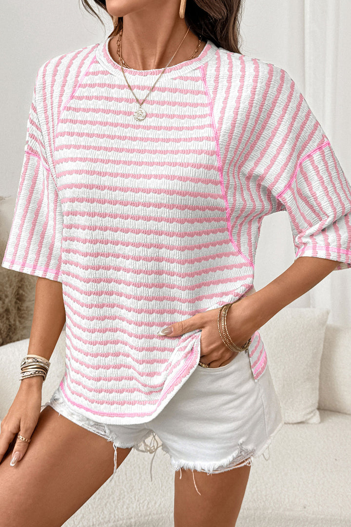 Pink Stripe Textured Knit Split Hem Half Sleeve Loose Top