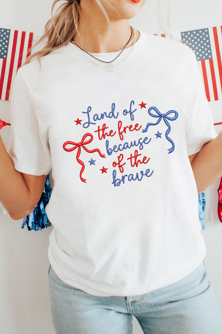 White Land of the free because of the brave Embroidered T Shirt