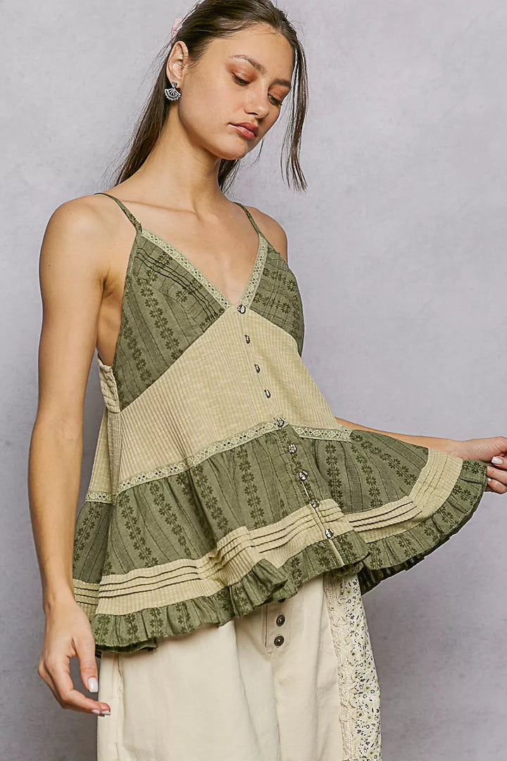 POL Button Front V-Neck Ruffled Cami with Pintuck Accents