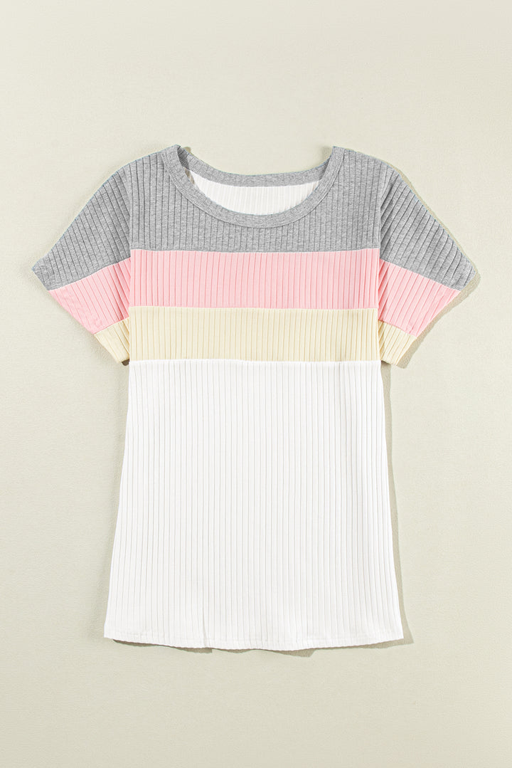 White Ribbed Color Block Patchwork T-shirt