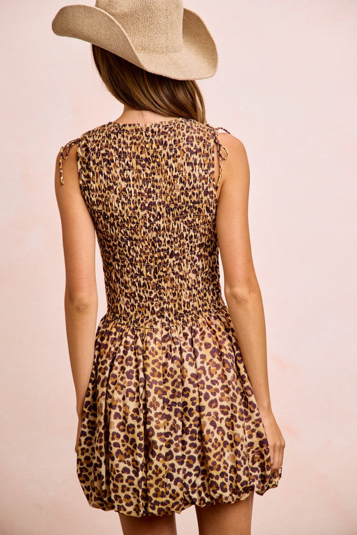 BiBi Leopard Bow Tie Attachable Puff Sleeves Dress