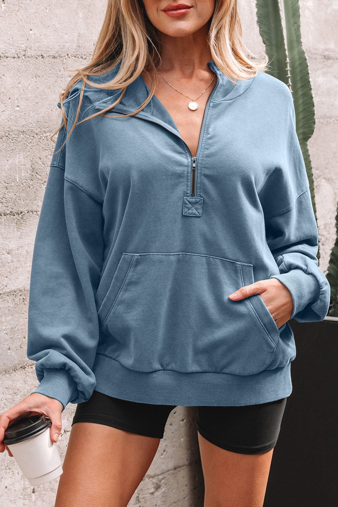 Ashleigh Blue Half Zip Kangaroo Pocket Mineral Wash Baggy Hoodie