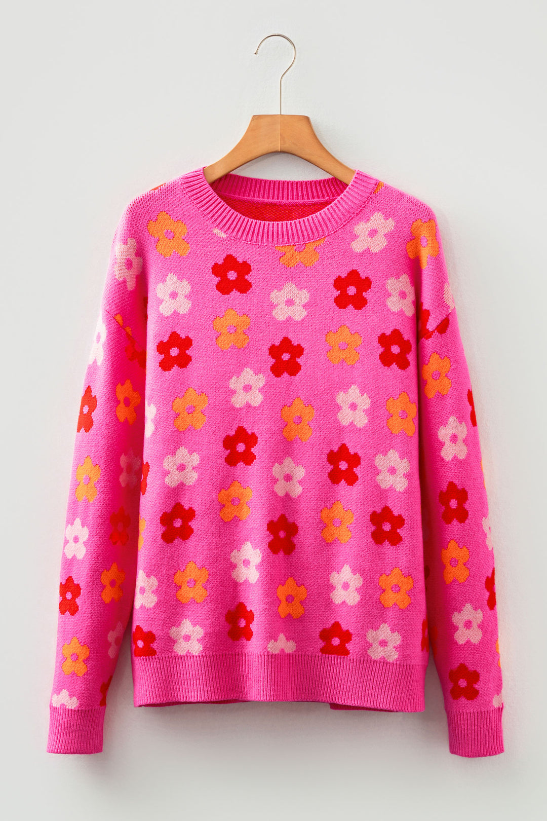Rose Cute Flower Allover Ribbed Trimmed Drop Shoulder Pullover Sweater