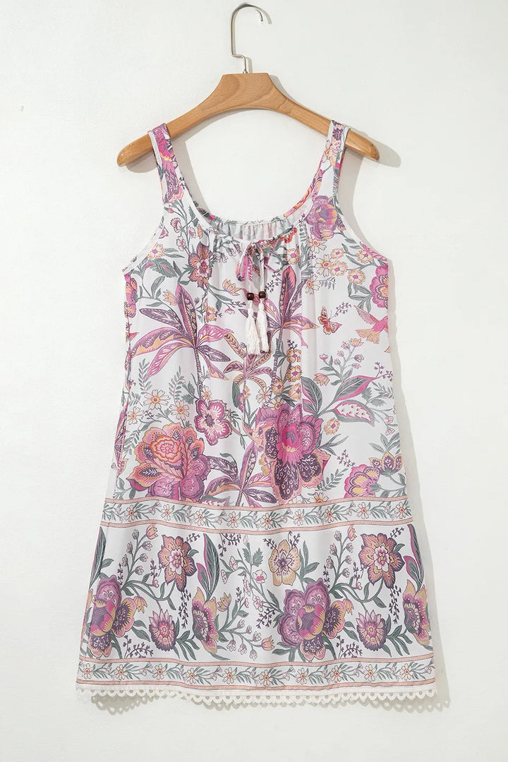 Multicolour Floral Tie Neck Sleeveless Mini Dress