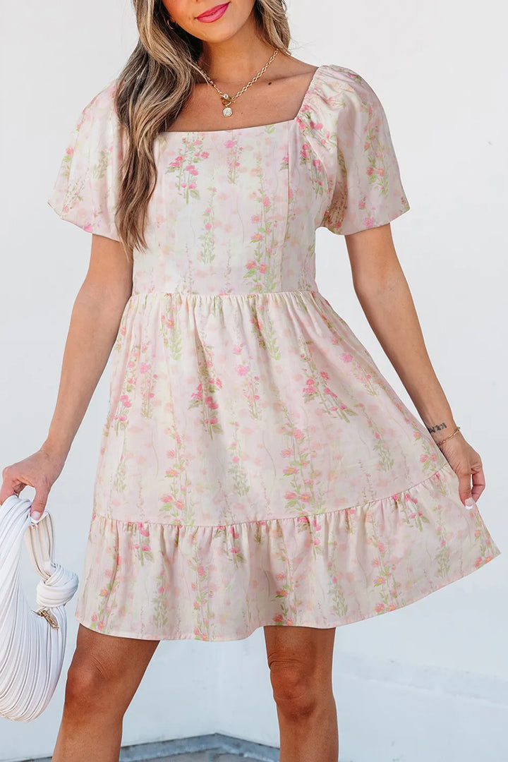Floral Puff Sleeve Square Neck Knotted Open Back Ruffled Mini Dress