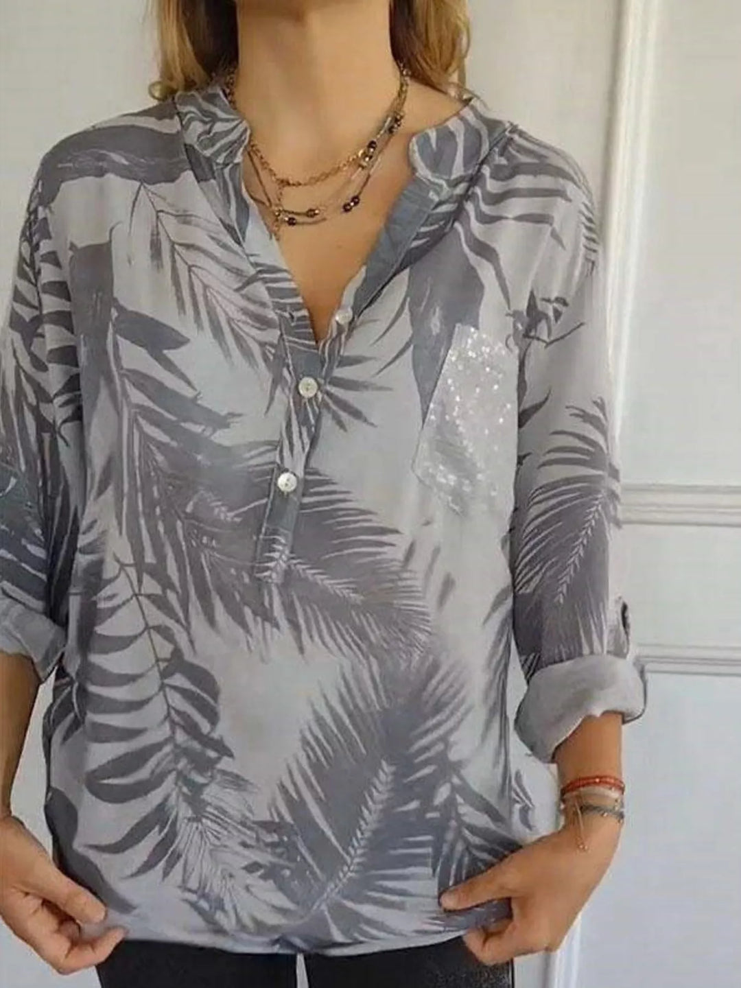 Full Size Printed Button Detail Long Sleeve Blouse Plus Size