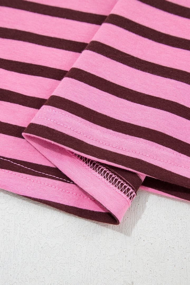 Pink Stripe V Neck Drop Shoulder Long Sleeve Top