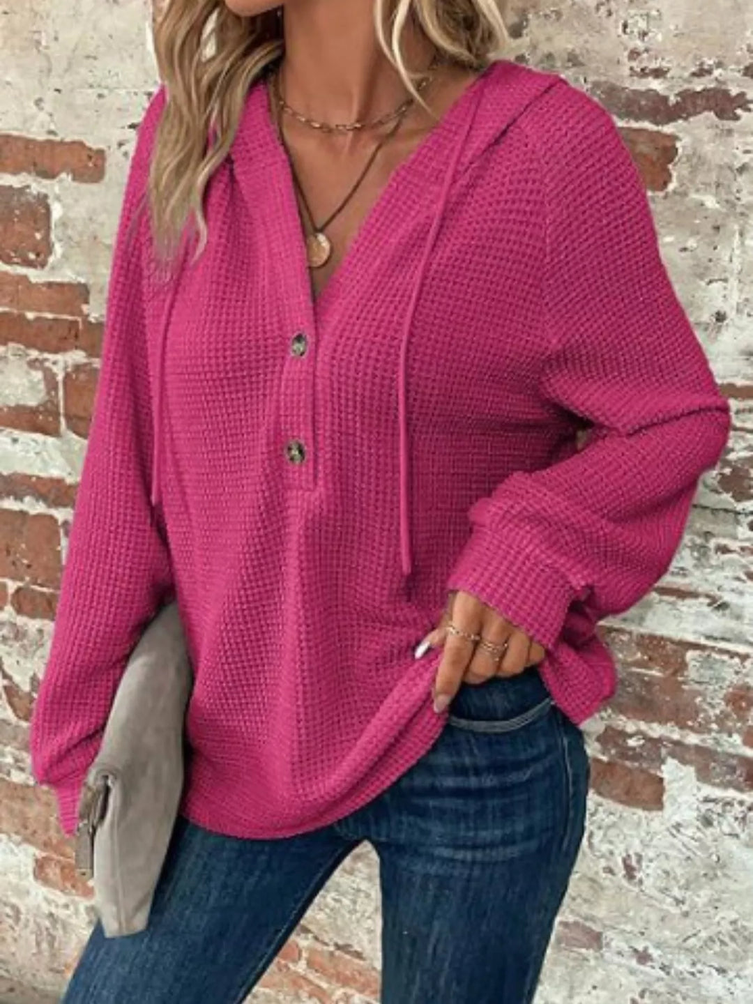 Full Size Button Detail Waffle Knit Hoodie Plus Size