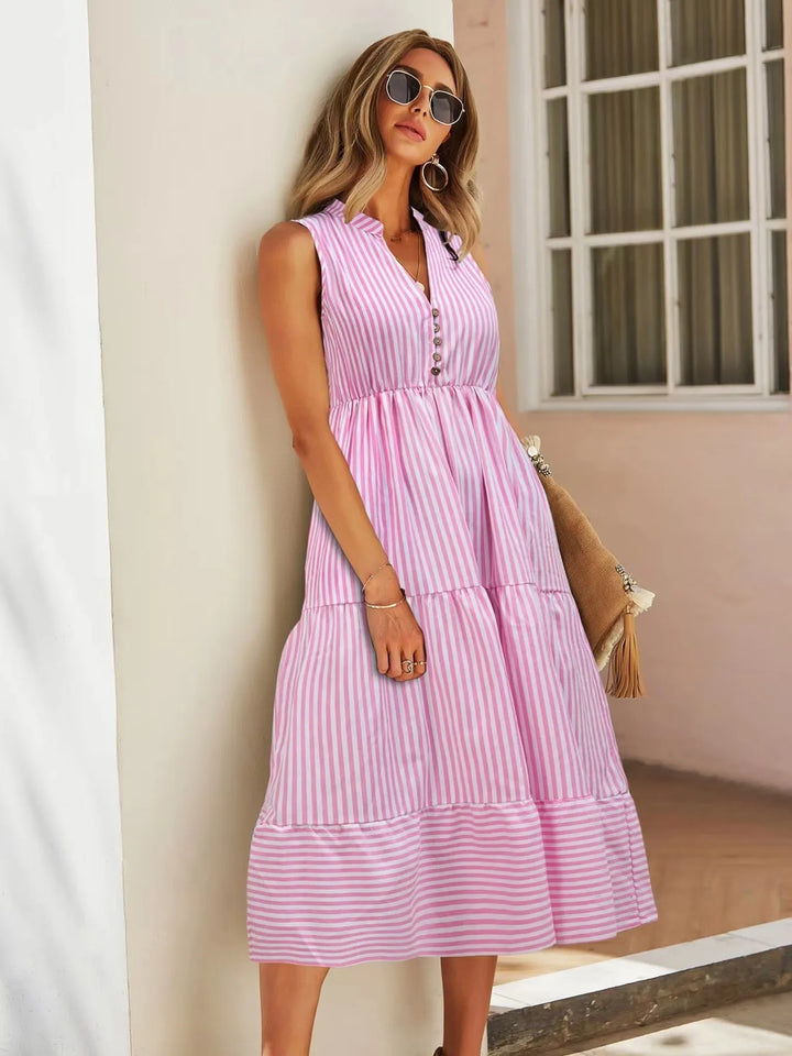 Striped Sleeveless Tiered Midi Dress