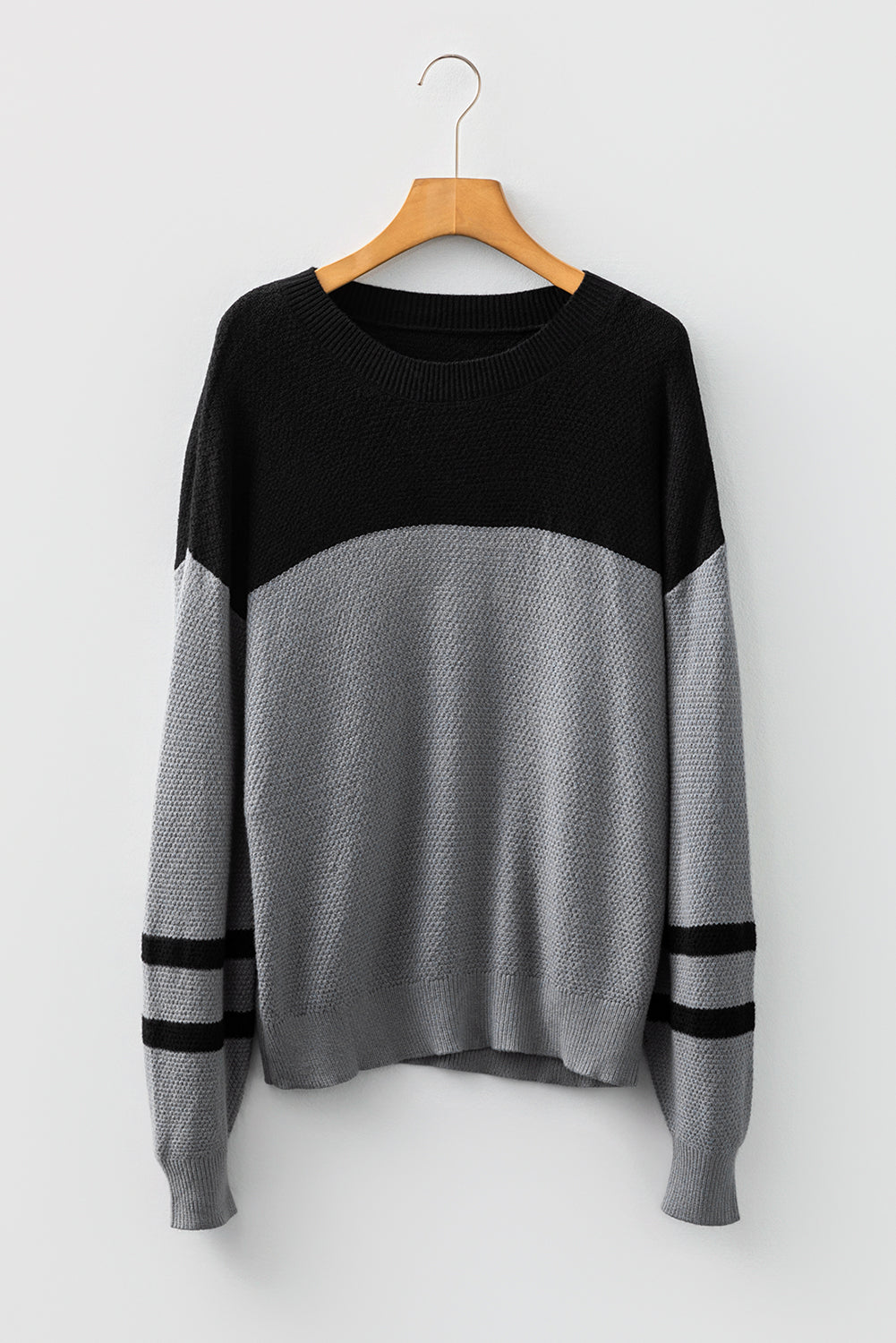 Medium Grey Color Block Knit Striped Sleeve Detail Casual Sweater