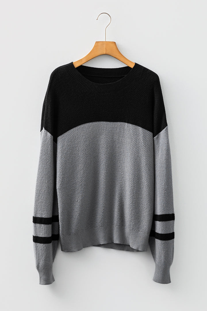 Medium Grey Color Block Knit Striped Sleeve Detail Casual Sweater