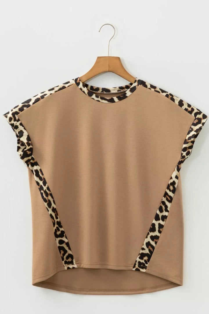 Light French Leopard Trim Round Neck Loose T Shirt