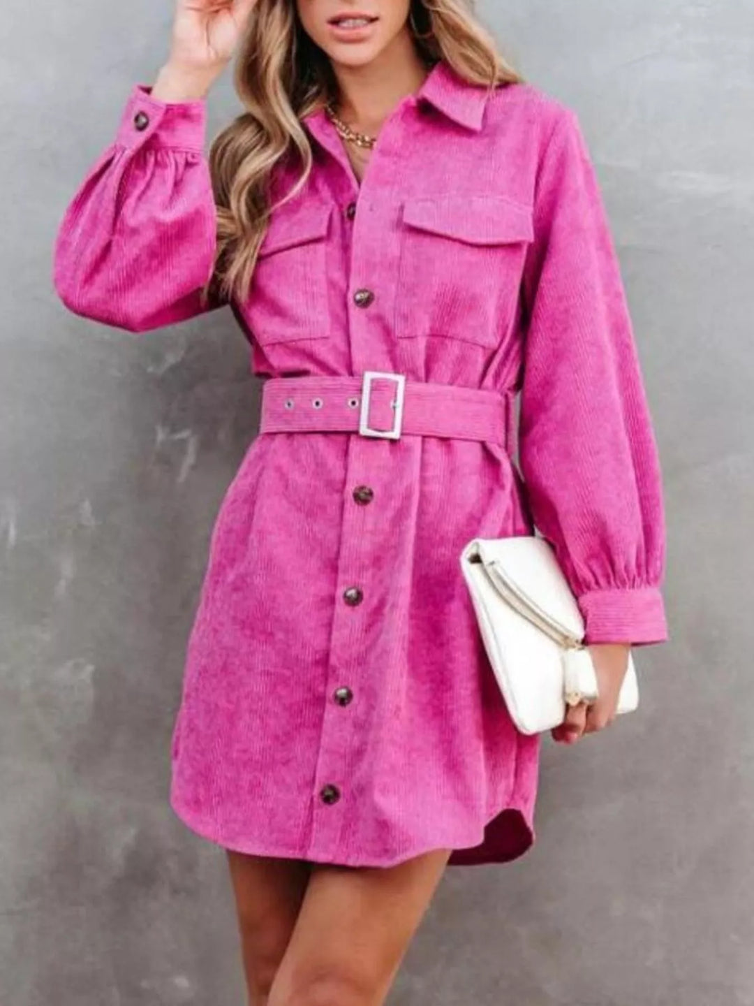 Button Front Belt Long Sleeve Corduroy Dress