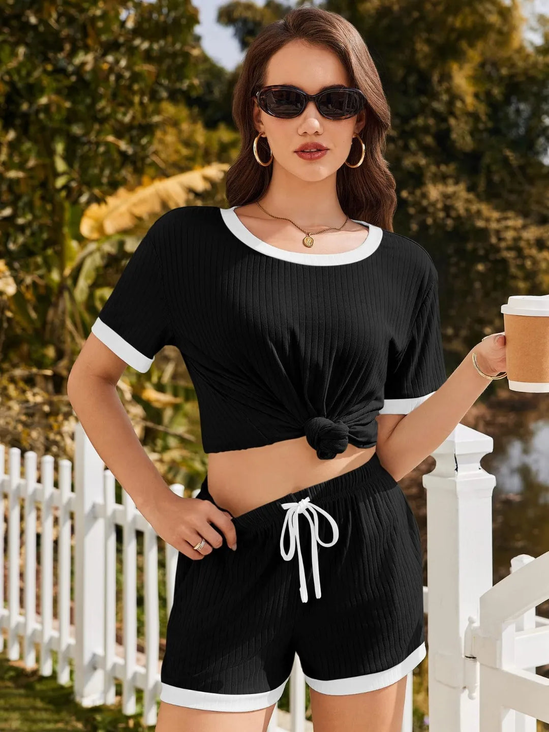 Ribbed Short Sleeve Top and Shorts Set