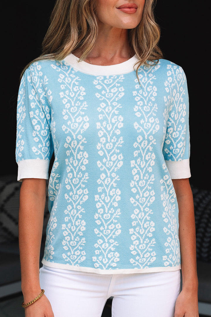 Sky Blue Contrast Floral Crewneck Short Sleeve Sweater
