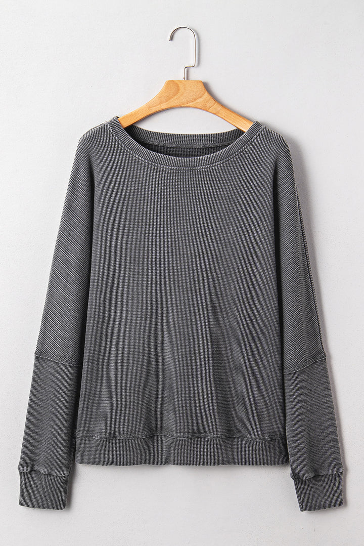 Dark Grey Waffle Knit Patchwork Long Sleeve Loose Top