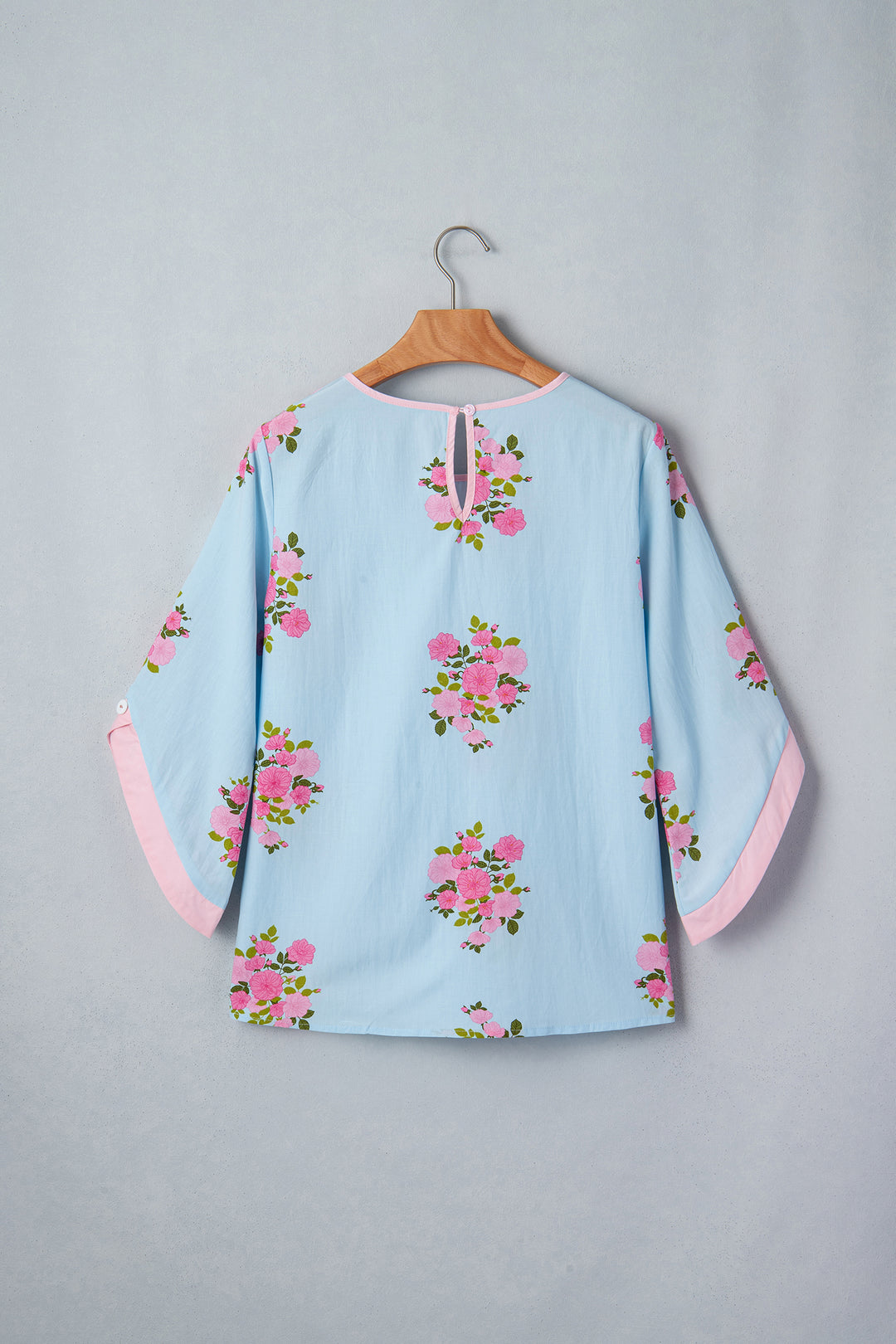 Sky Blue Floral Print Button Cuffed 3/4 Sleeve Round Neck Blouse