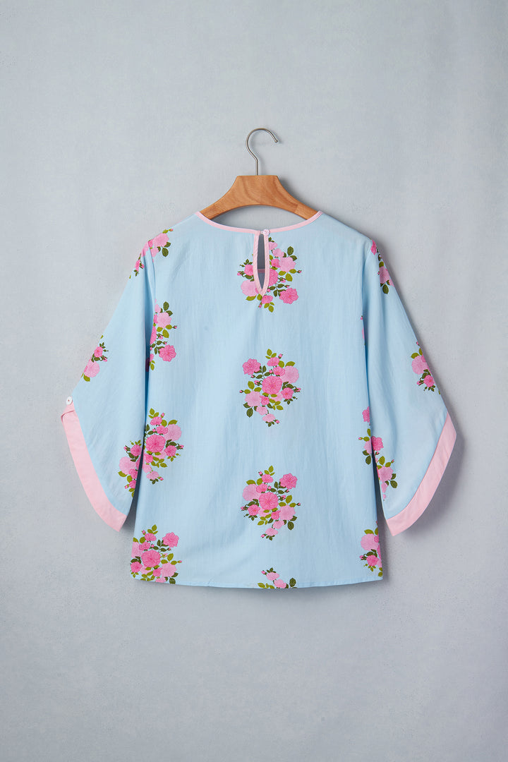Sky Blue Floral Print Button Cuffed 3/4 Sleeve Round Neck Blouse